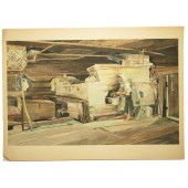 WW2 German artist painting. Russian farmhouse